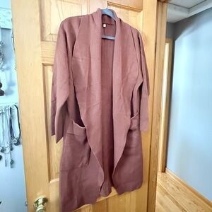 Brown Open-Front Long Cardigan / Coatigan with Pockets